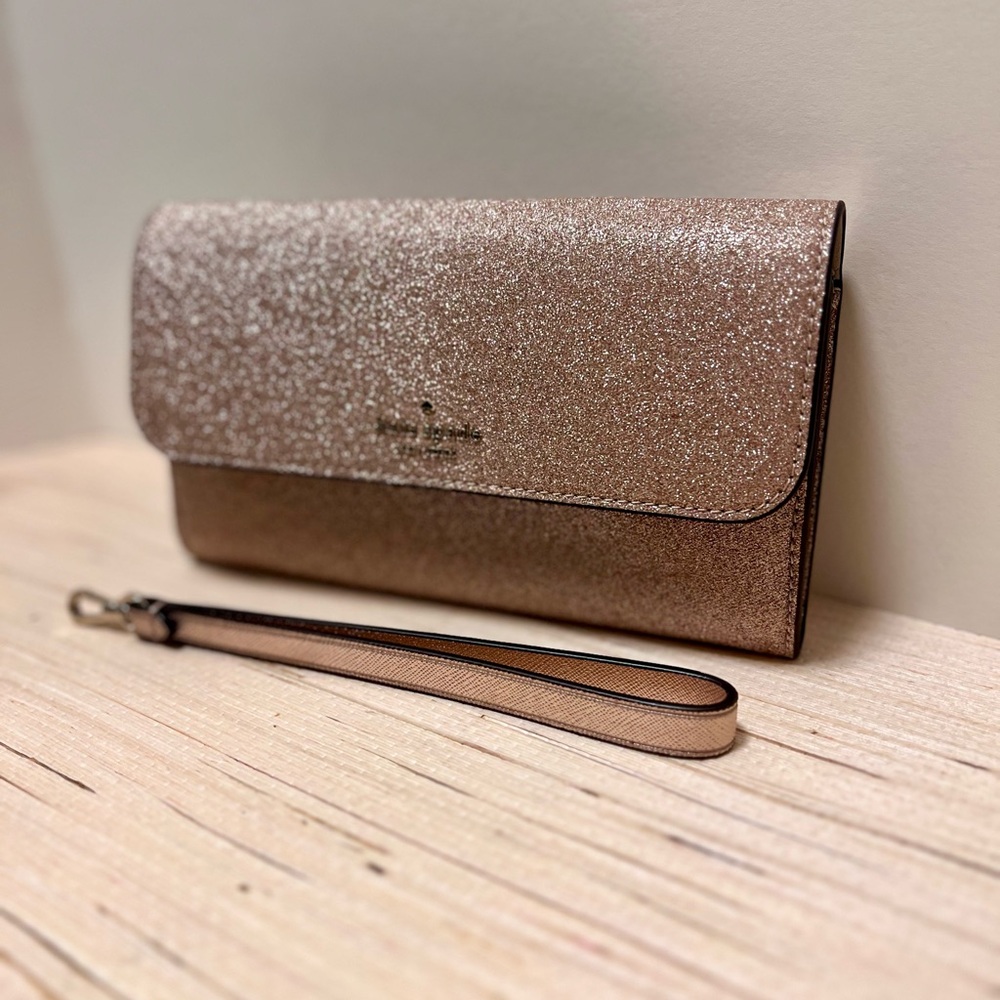 Kate Spade Mitten Pink Glitter Flap Phone Wristlet Wallet Holiday Gifts